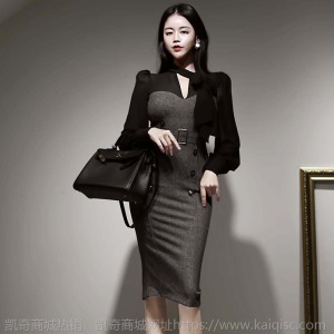 雪纺拼接洋气名媛女装2020秋冬气质系带设计感显瘦包臀连衣裙修身