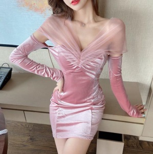 网纱镂空金丝绒小礼服女2021春装新款性感修身收腰打底夜店连衣裙