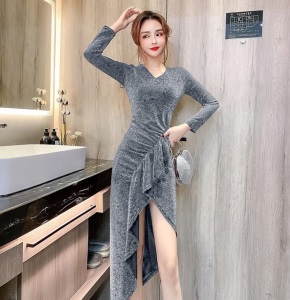 不规则荷叶边礼服女2020秋装新款性感气质修身显瘦内搭包臀打底裙