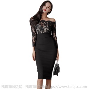 一字露肩背蕾丝礼服女2021春装新款气质修身名媛风包臀连衣裙宴会
