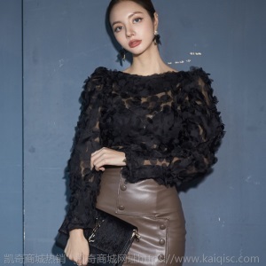 名媛礼服套装女2020秋冬新款性感透视长袖上衣高腰皮裙宴会两件套