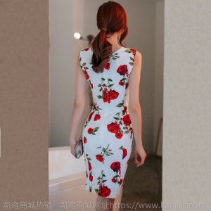印花无袖礼服女2021春夏装新款OL气质修身包臀收腰显瘦连衣一步裙