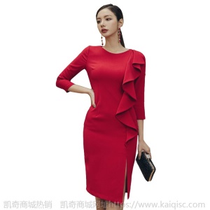 荷叶边露背小礼服女2021春装新款名媛范设计感开叉修身宴会连衣裙