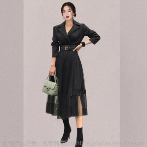 连衣裙新款女装韩版时尚气质淑女西装领网纱裙子女秋冬季长裙