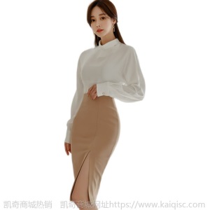 职业套装女2021春新款OL气质修身系带白衬衫开叉包臀裙白领两件套