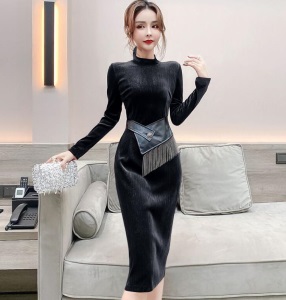 金丝绒腰封拼接流苏晚礼服2020秋冬新款个性修身显瘦宴会名媛女装