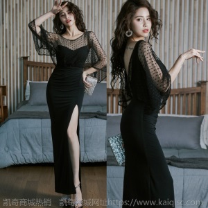 纱网拼接高开叉晚礼服女2021春装新款气质修身收腰包臀宴会连衣裙
