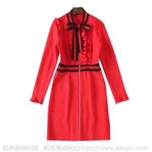 景甜明星同款小礼服敬酒裙子欧洲站荷叶边a字裙红色蝴蝶结连衣裙