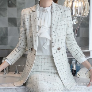 秋冬职业装气质女神范总裁西服格子正装名媛小香风西装鱼尾裙套装