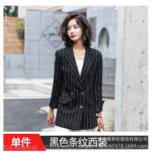 条纹西装外套女春秋装2019新款白色气质休闲修身中长款小西服上衣