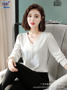 职业长袖2019秋季韩版v领上衣小心机港风白衬衫女设计感小众衬衣