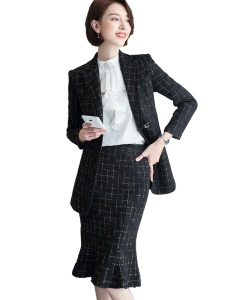 秋冬职业装气质女神范总裁西服格子正装名媛小香风西装鱼尾裙套装