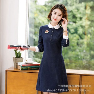 条纹连衣裙女短袖夏2019新款幼儿园教师工作服幼师园服职业装中袖