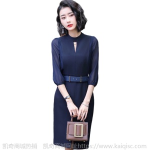 职业装连衣裙女五分袖网纱拼接2020春夏新款OL气质修身正装雪纺裙