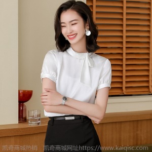 短袖雪纺衫上衣女夏2020年夏季时尚韩版洋气百搭紫色绸缎飘带上衣