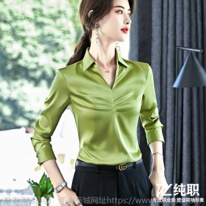 衬衫女春秋长袖百搭洋气2020年时尚绿色绸缎雪纺衫打底衫V领上衣