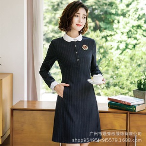 条纹连衣裙女短袖夏2019新款幼儿园教师工作服幼师园服职业装中袖