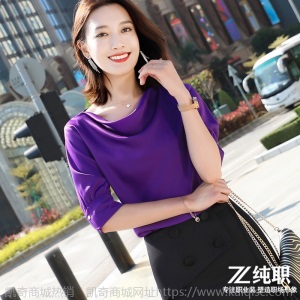 红色衬衫女士半袖春夏时尚气质洋气紫上衣设计感小众缎面雪纺衬衣