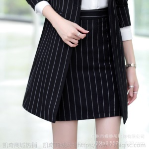 职业西装外套女2019秋新款OL知性韩版套装黑色条纹修身中长款外套