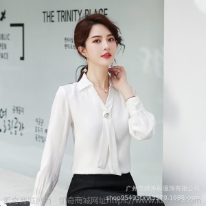 白衬衫女正装2019秋冬新款加绒气质时尚长袖职业V领雪纺衬衣加厚