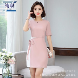 职业连衣裙2019新款夏修身中长款美容院粉色短袖职业装气质女神范