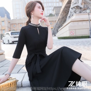 收腰显瘦职业气质知性女装2020春夏装新款时尚黑色大摆中袖连衣裙
