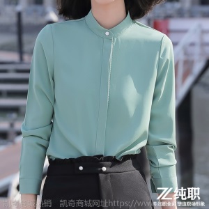职业衬衫女2020春装新款长袖雪纺气质宽松洋气立领果绿色衬衣打底