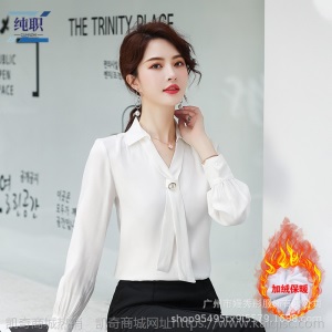 白衬衫女正装2019秋冬新款加绒气质时尚长袖职业V领雪纺衬衣加厚