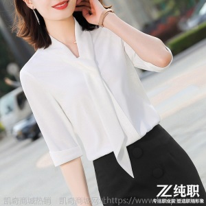 衬衫女五分袖新款设计感小众白上衣2020春夏职业装飘带雪纺白衬衣