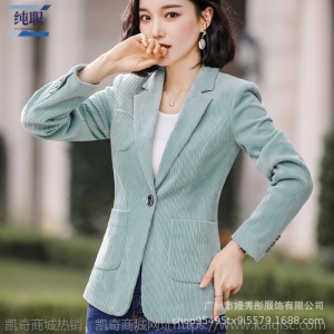 灯芯绒绿色小西装女外套2019秋冬季新款韩版修身女士上衣长袖西服