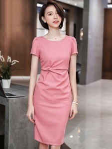 职业连衣裙女ol气质美容院工作服装2019夏季新款短袖中长裙 2902