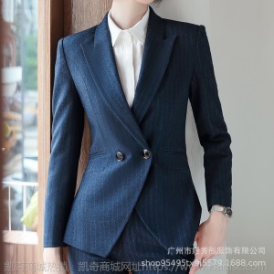 职业套装女时尚秋冬新款商务通勤面试条纹正装工作服蓝色西装西服