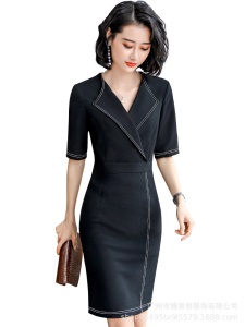 翻领连衣裙中袖2019春装新款职业装女装正装工装显瘦美容院工作服