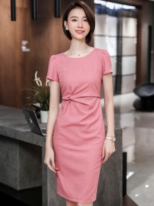 职业连衣裙女ol气质美容院工作服装2019夏季新款短袖中长裙 2902