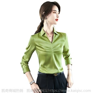 衬衫女春秋长袖百搭洋气2020年时尚绿色绸缎雪纺衫打底衫V领上衣
