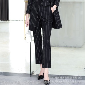 职业西装外套女2019秋新款OL知性韩版套装黑色条纹修身中长款外套