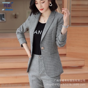 时尚职业套装女2019秋冬新款休闲气质千鸟格西服套装女外套工作服