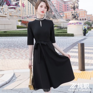 收腰显瘦职业气质知性女装2020春夏装新款时尚黑色大摆中袖连衣裙
