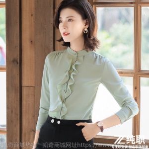 果绿衬衫女设计感小众2020春秋装新款气质长袖衬衣雪纺上衣荷叶边