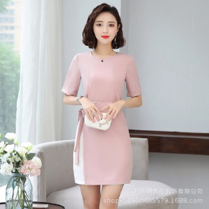 职业连衣裙2019新款夏修身中长款美容院粉色短袖职业装气质女神范