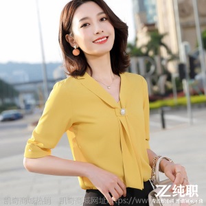 春夏半袖职业装飘带领衬衫女时尚洋气雪纺上衣OL韩版领衬衣工作服