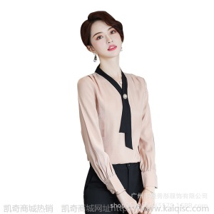 职业衬衫女长袖2019春秋新款白色衬衣韩版长袖正装V领工作服夏季