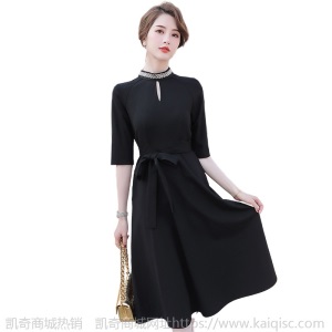 收腰显瘦职业气质知性女装2020春夏装新款时尚黑色大摆中袖连衣裙