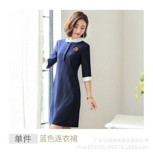 条纹连衣裙女短袖夏2019新款幼儿园教师工作服幼师园服职业装中袖