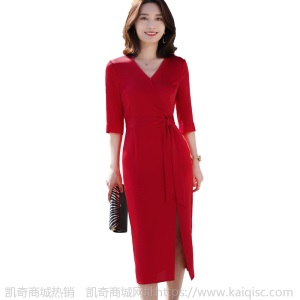 黑色连衣裙开叉中长款显瘦气质大码知性春夏新款过膝性感职业裙子