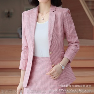 千鸟格西装套装女秋装新款时尚英伦商务职业正装粉色气质休闲西服