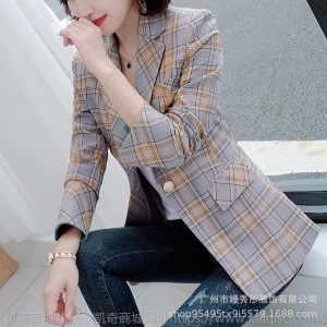 格子西装外套女2019春秋新款职业装复古chic港风网红格纹西服上衣