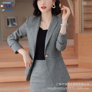 时尚职业套装女2019秋冬新款休闲气质千鸟格西服套装女外套工作服
