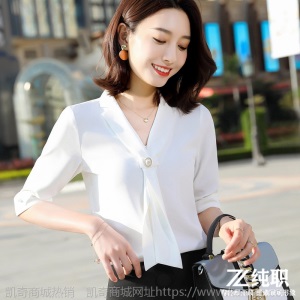 春夏半袖职业装飘带领衬衫女时尚洋气雪纺上衣OL韩版领衬衣工作服