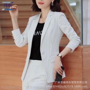 职业套装女小香风白色条纹西装套装职业装酒店管理工作服女士正装